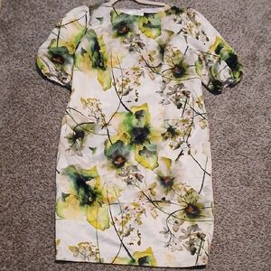 Midnight Velvet White Floral Evening Ballon Sleeves Satin Dress